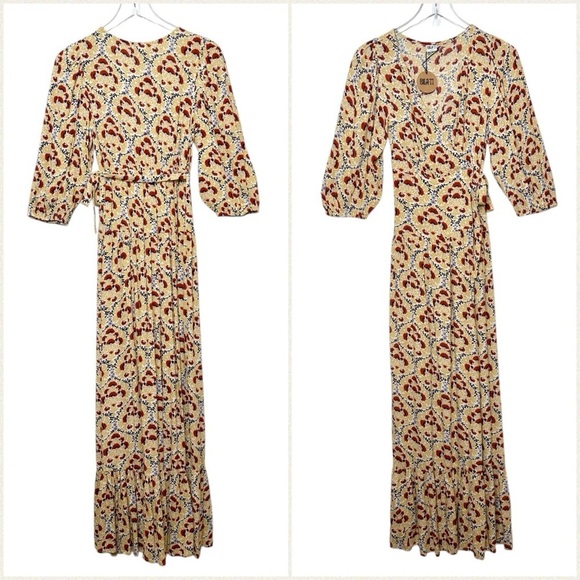 NWT BILLA 77 Bellview Floral Wheat Boho Puff Sleeve Wrap Maxi Dress Sz XS - Picture 2 of 16